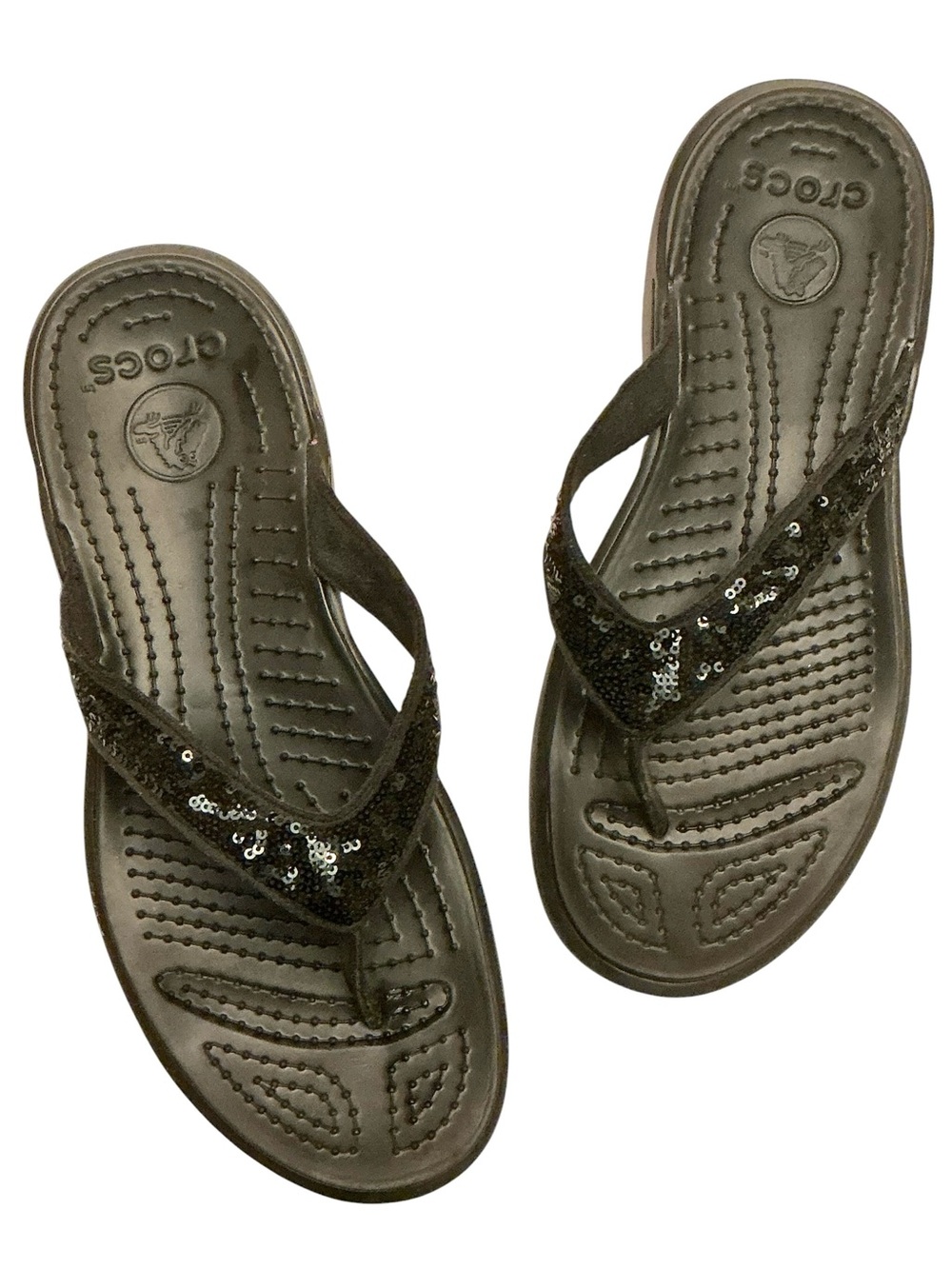 CROCS Black Sequin Capri V Flip Flop Comfort Slip-on Thong Sandal Size: 10